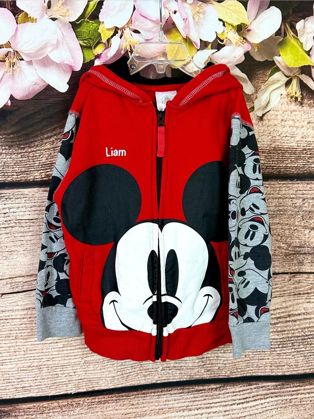 Disney Toddler Boys Cotton Minnie Mouse Cartoon Gray Red Hooded Sweatshirt 4Y